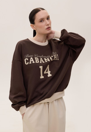 Свитшот из плотной трёхнитки с контрастной отделкой и принтом темно-коричневый